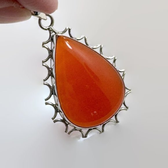 Carnelian Pendant, Sterling Silver, Vintage Pendant, 2" Long, Large Stone, Red - Picture 3 of 5
